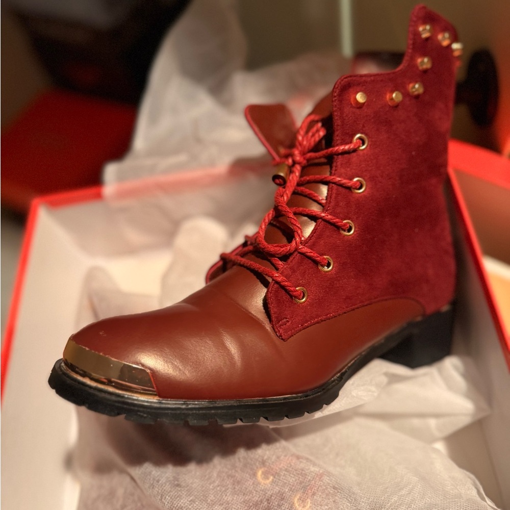 Brand New Red and Brown Lace-Up Boots Women’s Size 11